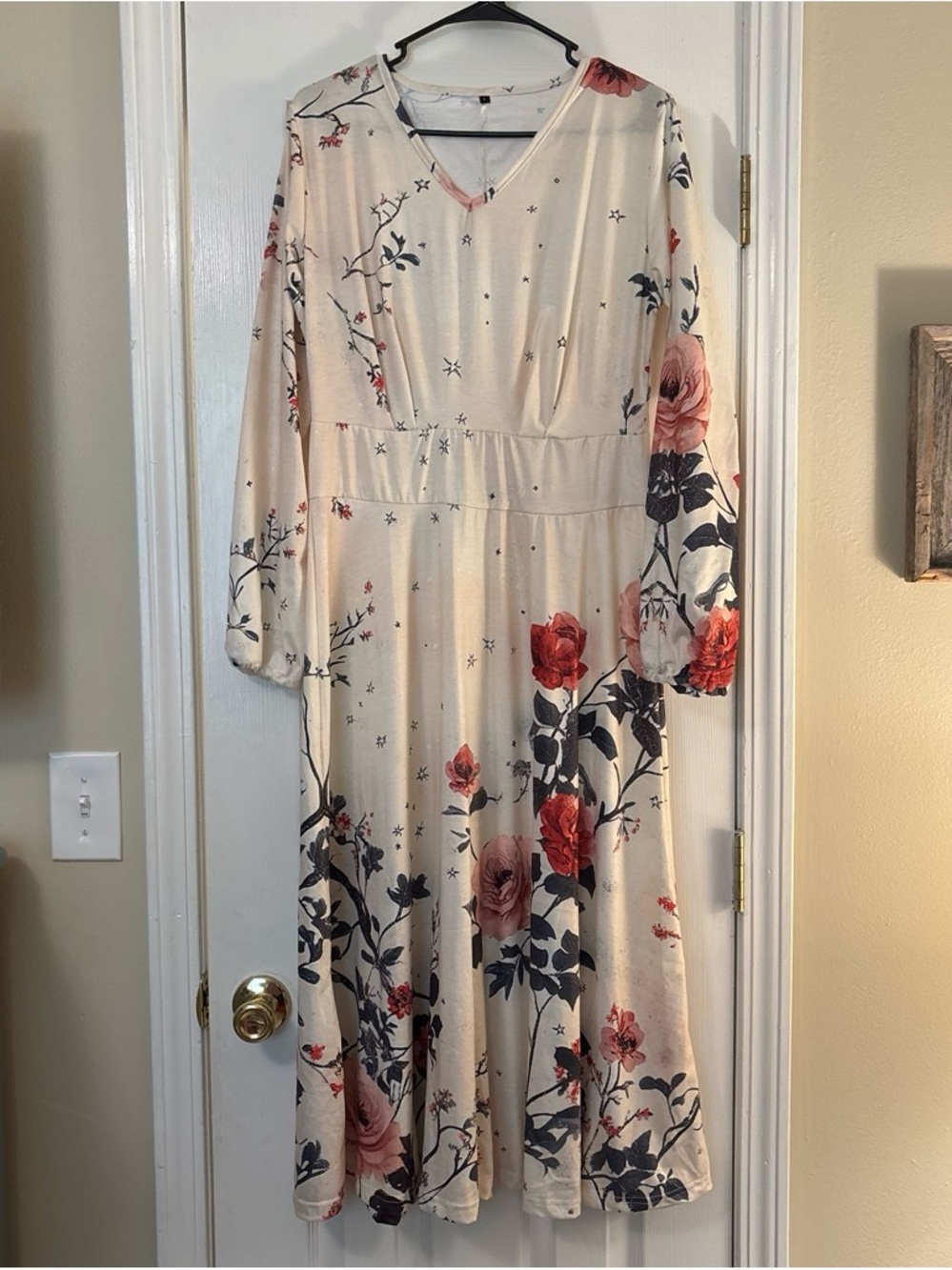 SHEIN Cream Floral Maxi Dress with Red and Navy Blooms